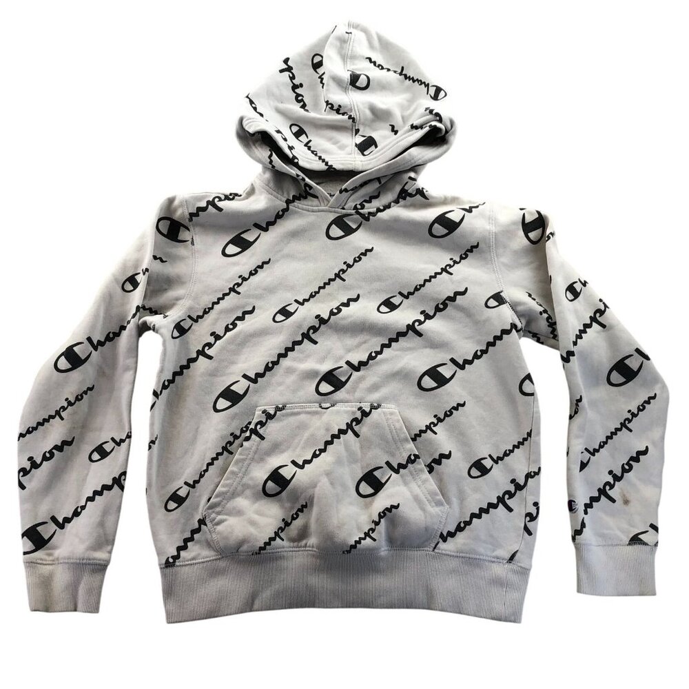 Champion Boys Hoodie Sweatshirt Large All Over Print Gray Fleece Pullover School